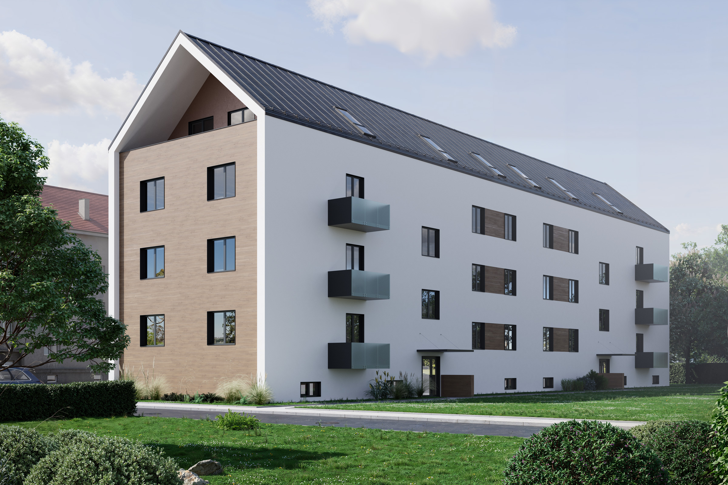 Návrh bytového domu s použitím svetlej omietky a dreveného dekoru StoCleyer W