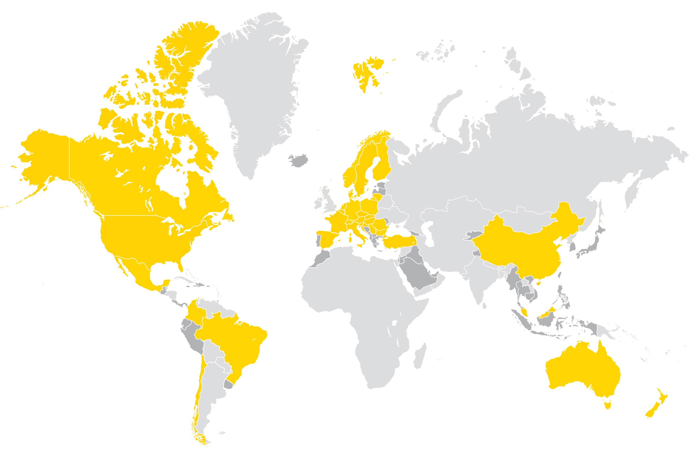 Mapa sveta so žltým a sivým zvýraznením, ktorá ukazuje, kde je Sto na celom svete zastúpené.